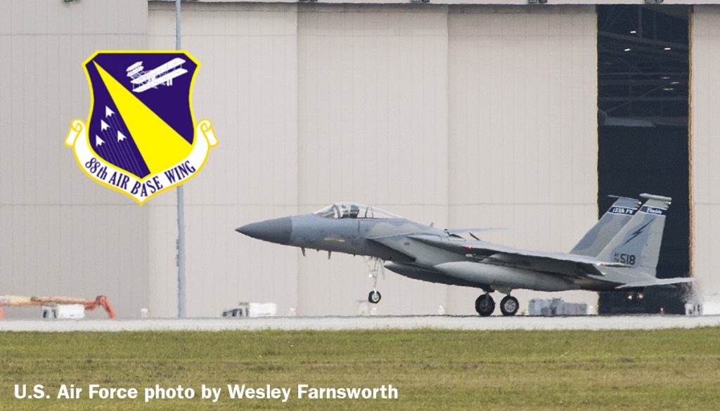 An F-15C aircraft from the 125th Fighter Wing in Jacksonville, Fla., lands at Wright-Patterson Air Force Base, Ohio, for safe haven support, Sept. 7, 2017. The F-15 was one of several planes using Wright-Patterson AFB as a Safe Haven while Hurricane Irma threatens their home station. (U.S. Air Force photo by Wesley Farnsworth)